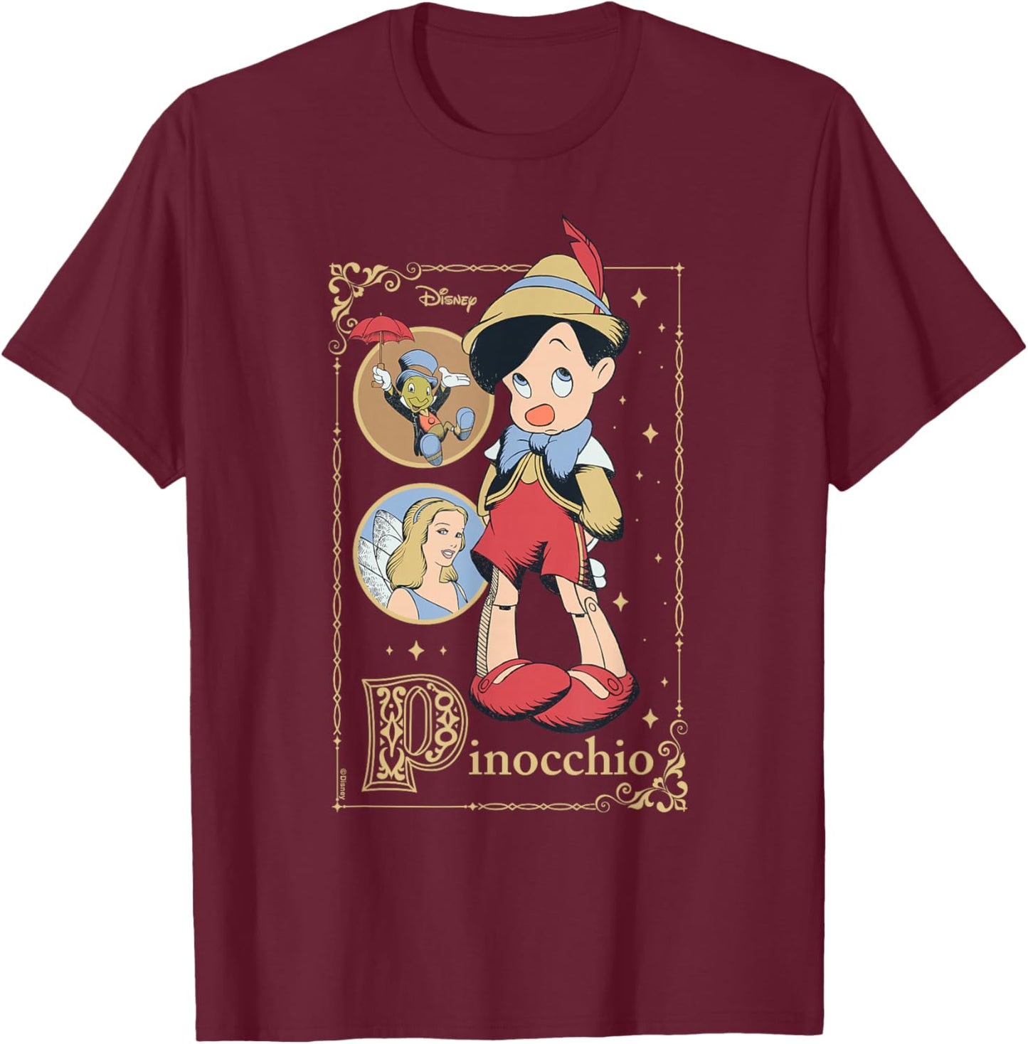 Pinocchio - Jiminy Cricket Blue Fairy Group T-Shirt - T-Shirt | Maroon