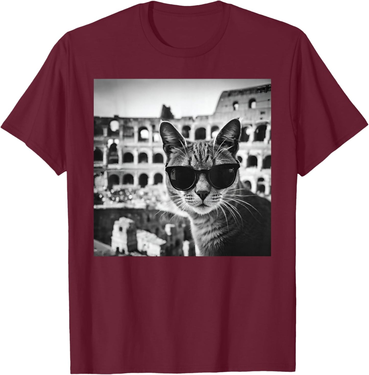 Funny Italy Cat Wearing Sunglasses At The Roman Colosseum T-Shirt - T-Shirt | Maroon