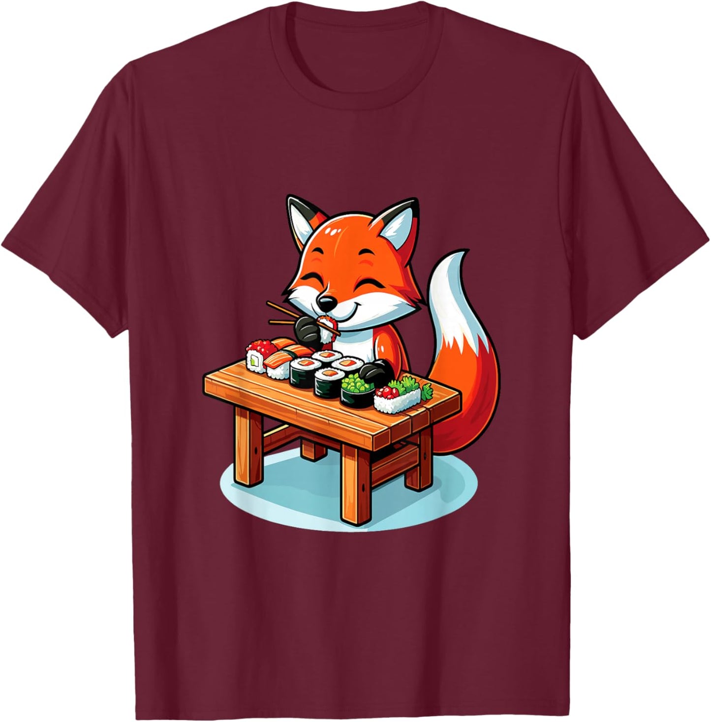 Cute Fox Eating Sushi Japanese Food Sushi Fox Lover T-Shirt - T-Shirt | Maroon