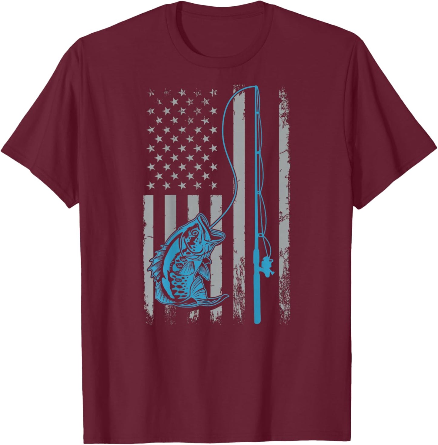 American Flag Fishing Rod Bass Fishing Vintage Fisherman T-Shirt - T-Shirt | Maroon
