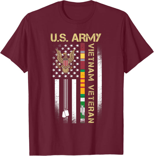 US Army Vietnam Veteran USA Flag Shirt, Veteran Vietnam Army T-Shirt - T-Shirt | Maroon