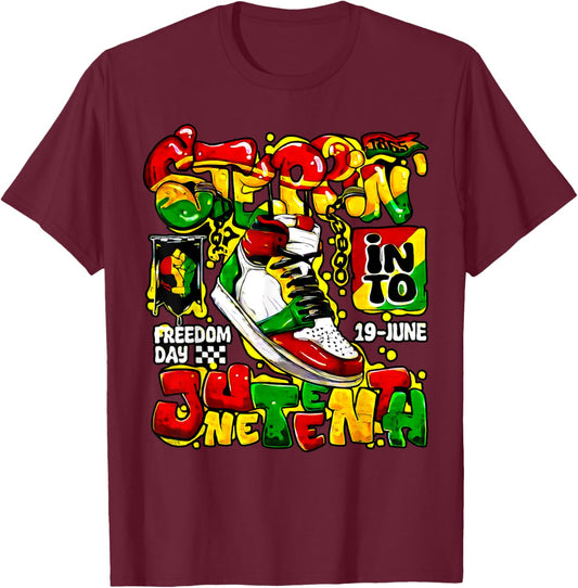 Stepping Into Juneteenth Afro Woman Black Girls Sneakers T-Shirt - T-Shirt | Maroon