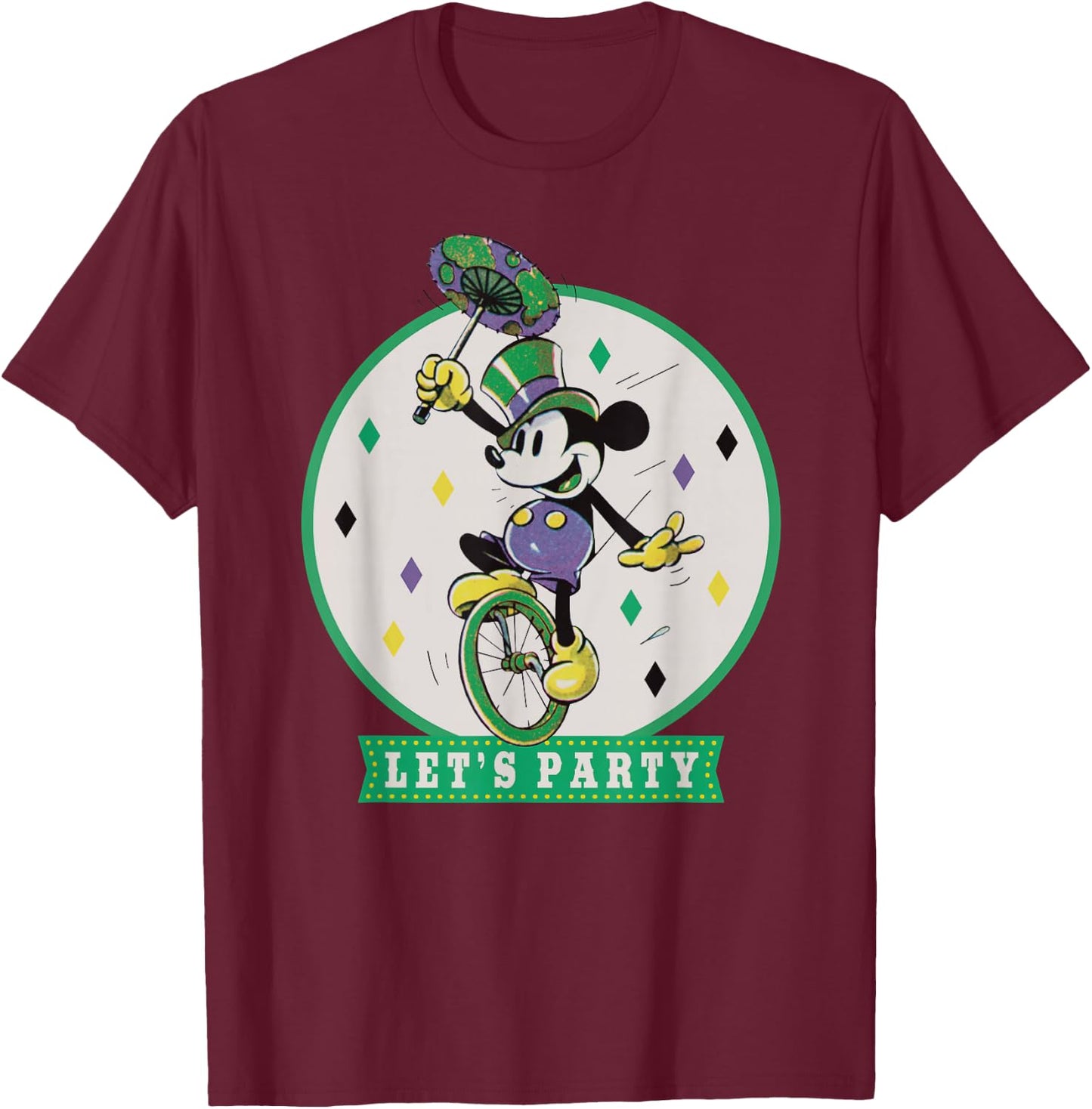 Disney Mickey Mouse Let's Party Mardi Gras Vintage T-Shirt - T-Shirt | Maroon