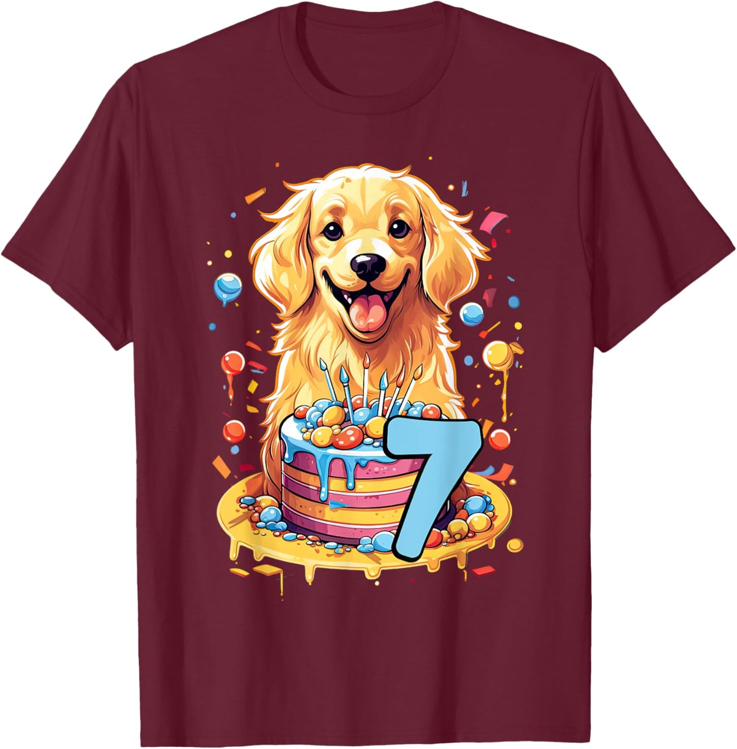 Golden Retriever Dog 7th Birthday Themed Party 7 Men Women Kids T-Shirt - T-Shirt | Maroon