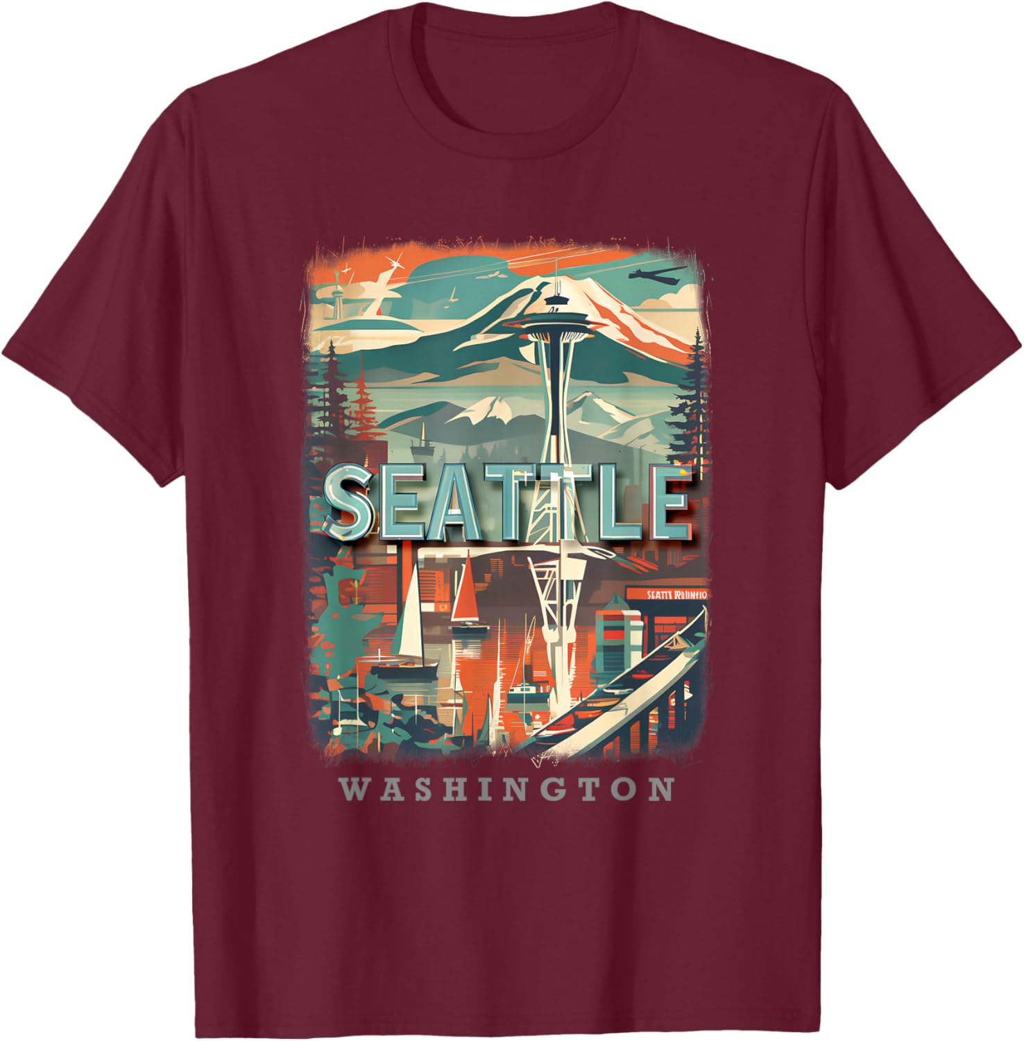 Seattle Washington WA Emerald City Skyline SD270 T-Shirt - T-Shirt | Maroon