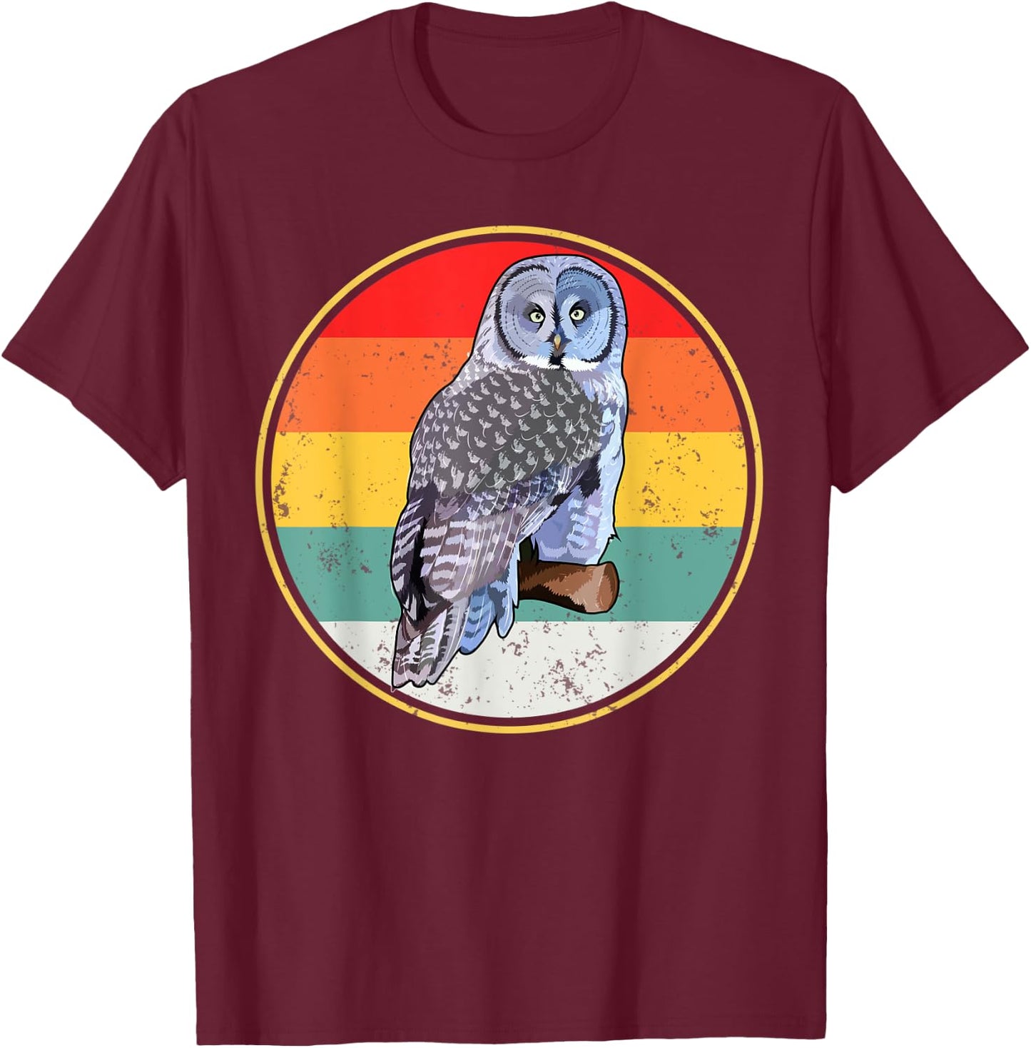 Vintage Retro Sunset Great Gray Owl Bird T-Shirt - T-Shirt | Maroon