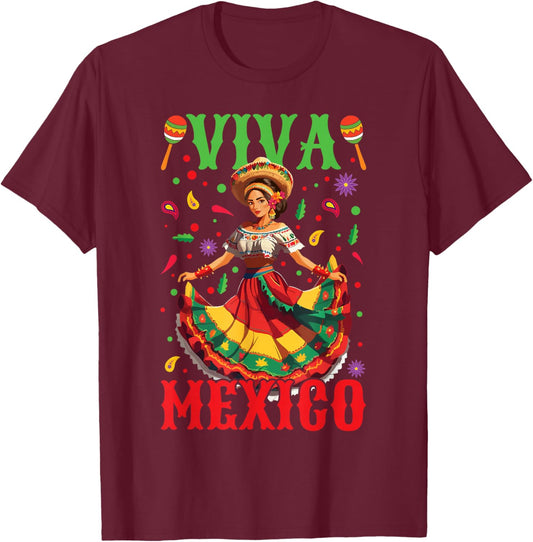Viva Mexico Independence Mexican Lady Mexican Day T-Shirt - T-Shirt | Maroon