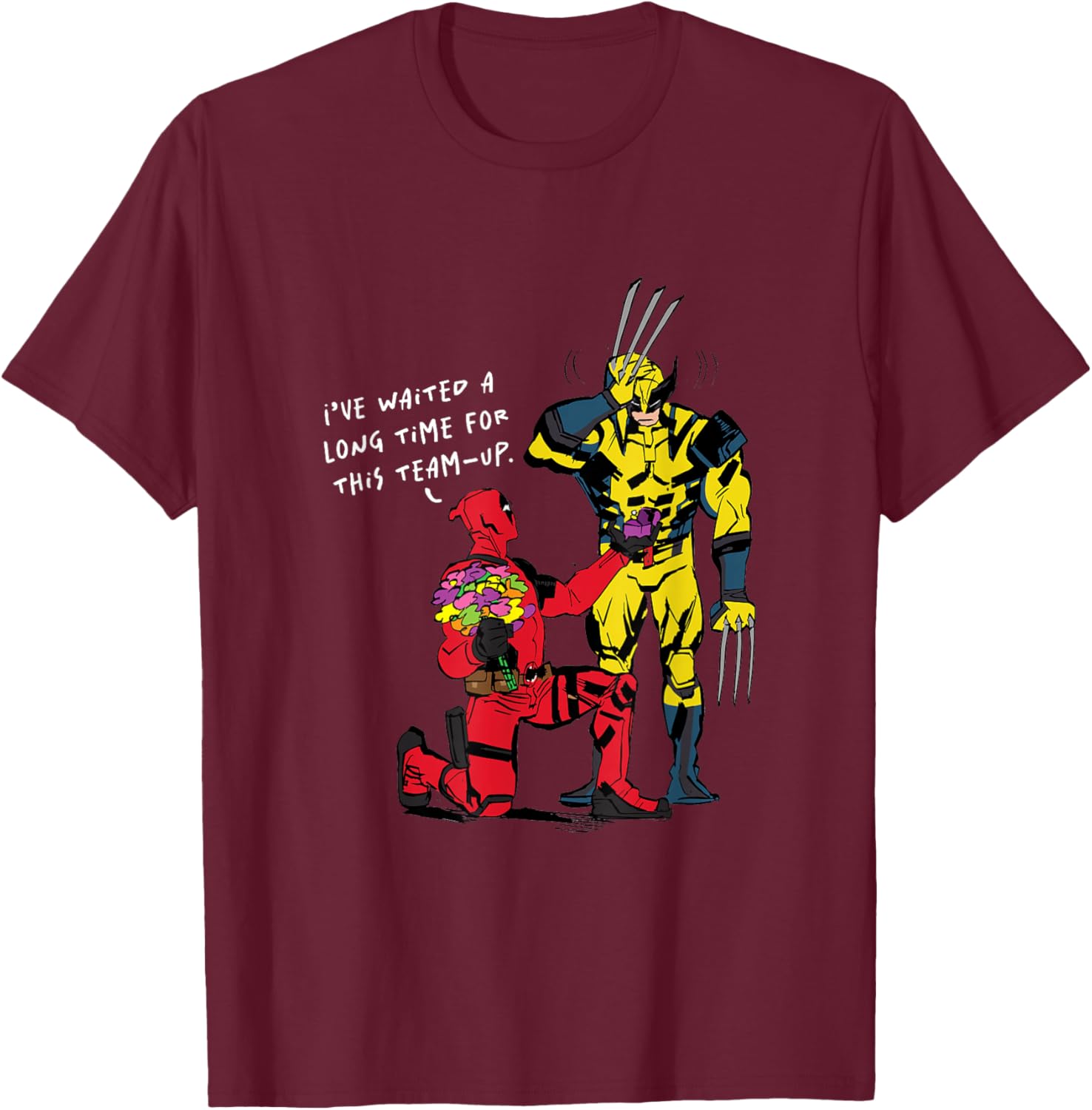 Marvel Studios Deadpool & Wolverine Team-Up Proposal T-Shirt - T-Shirt | Maroon
