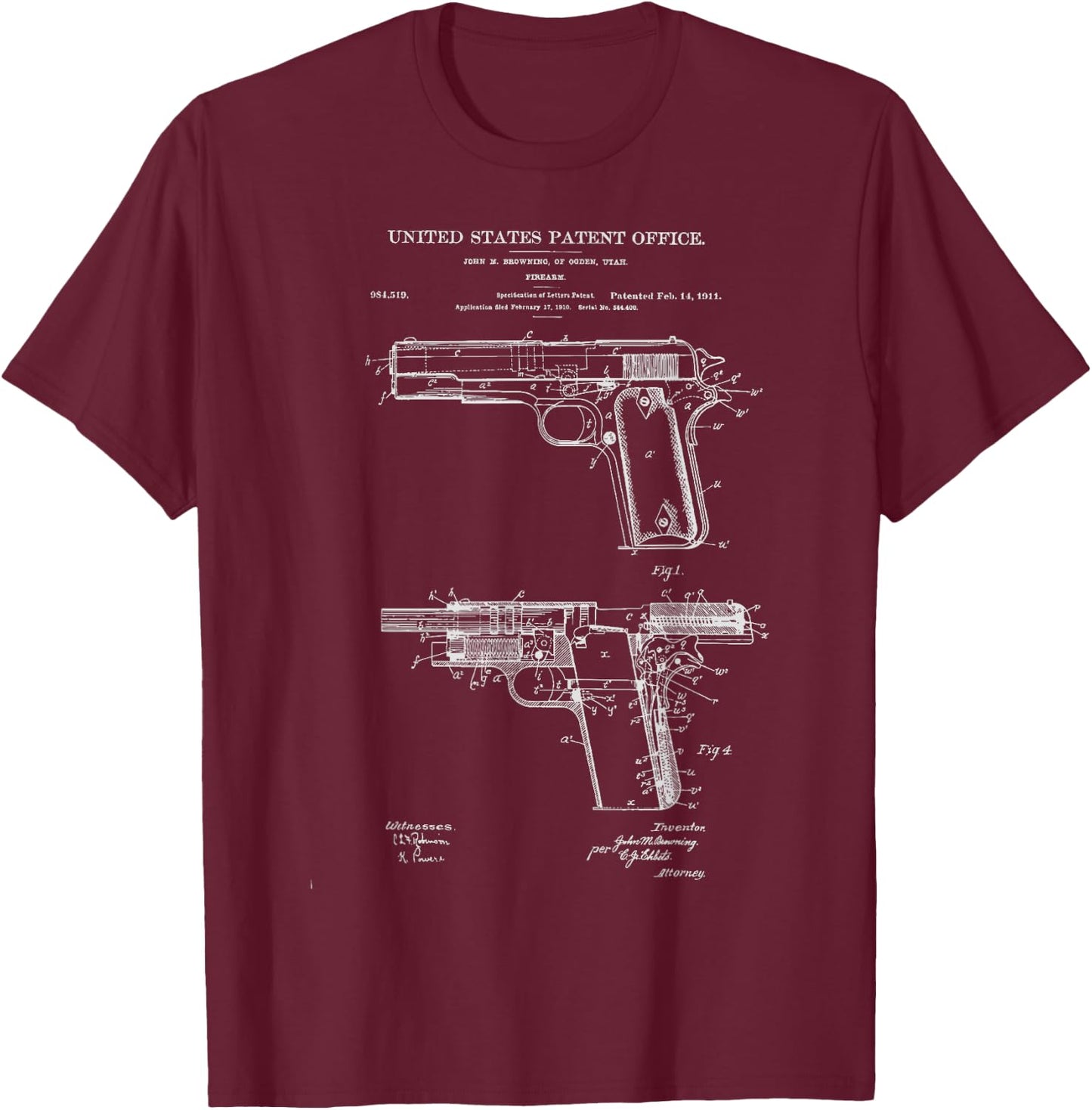 1911 Retro Vintage Handgun Diagram Blueprint Pistol 45ACP T-Shirt - T-Shirt | Maroon