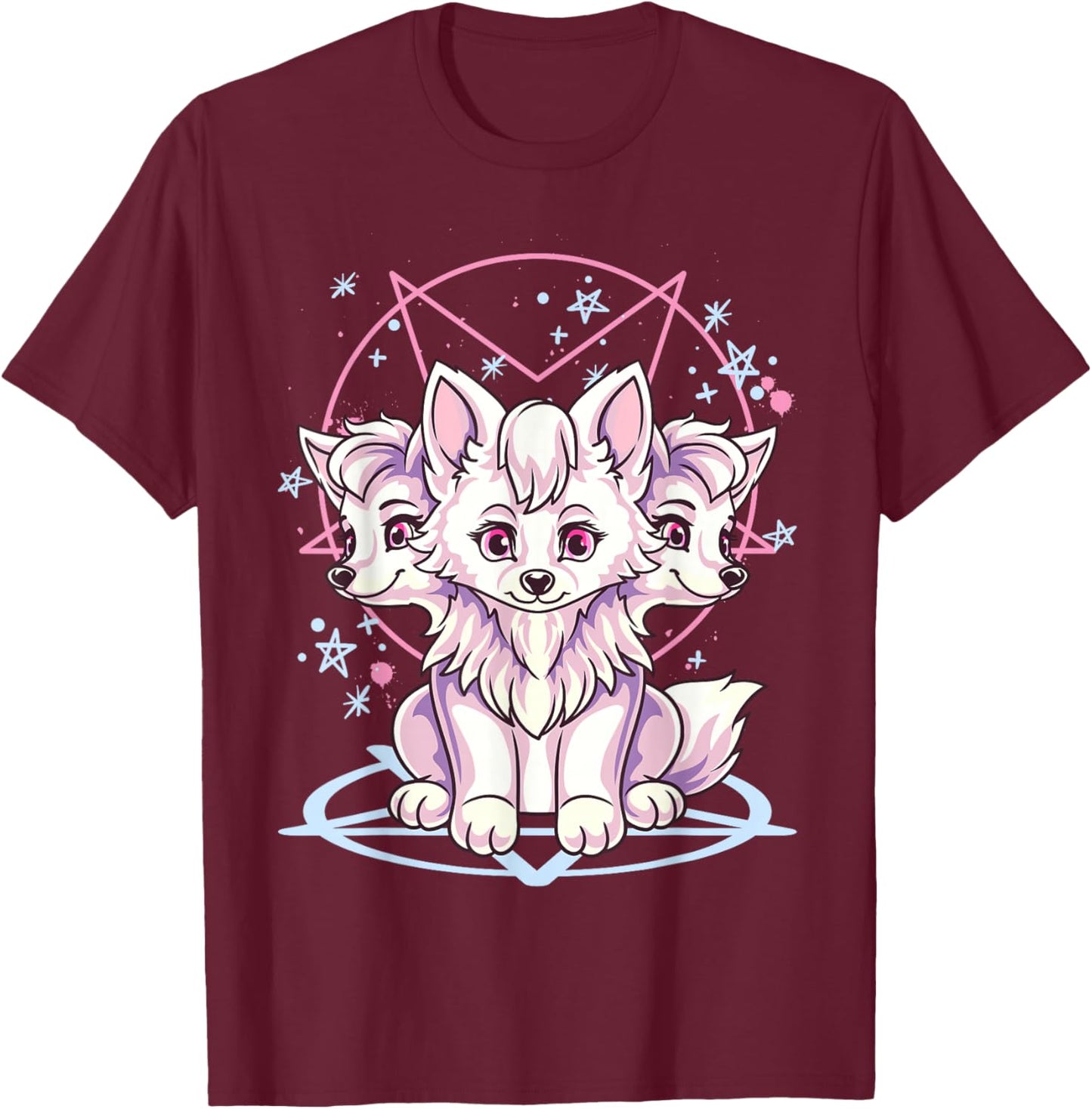 Cute Kawaii Creepy Pastel Goth 3 Headed Cerberus Dog Anime Women Girls Kids T-Shirt - T-Shirt | Maroon