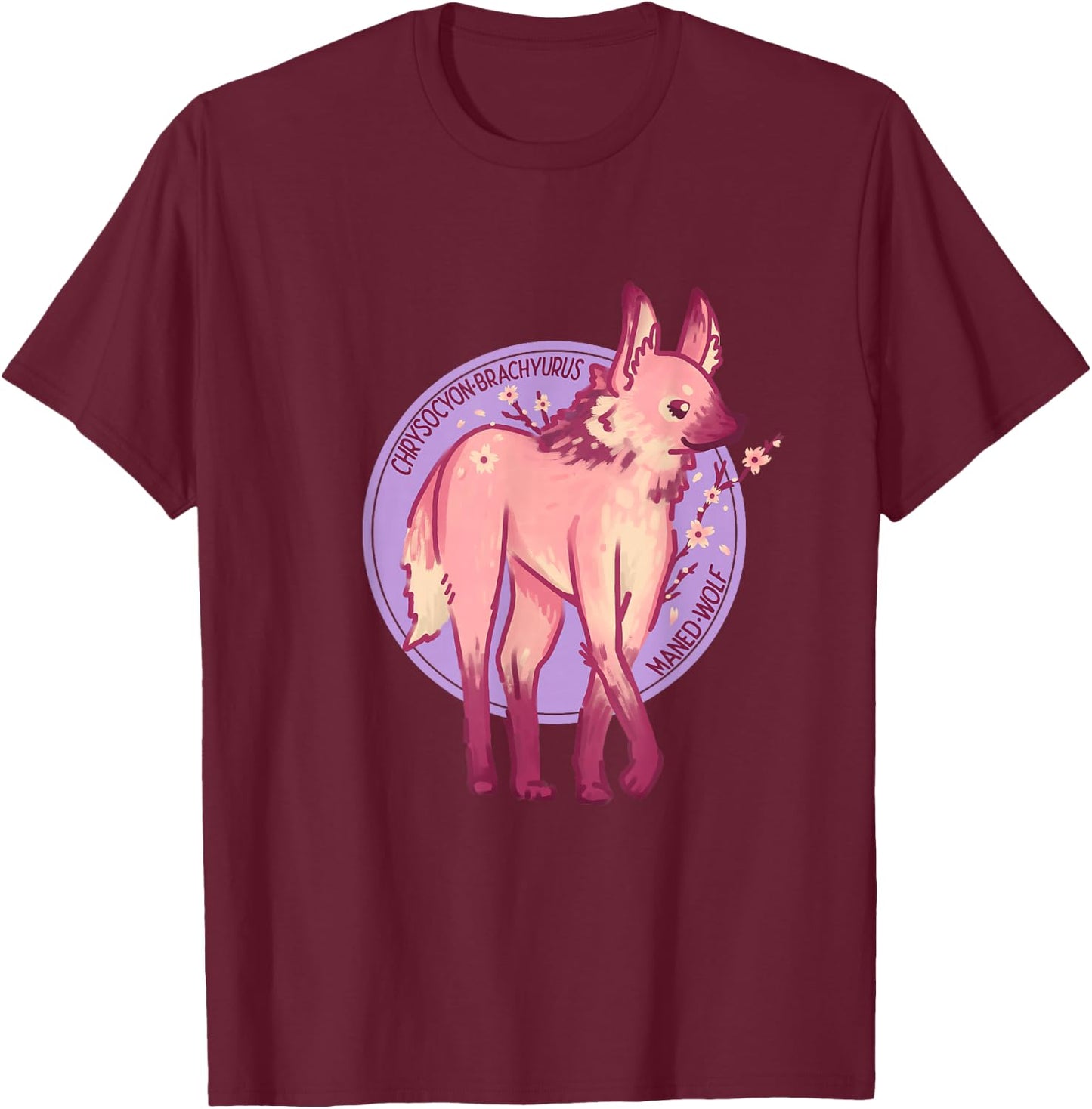 Cute Pink Maned Wolf Fox Dog Cherry Blossom Flowers T-Shirt - T-Shirt | Maroon