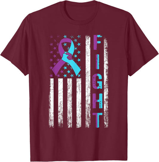 FIGHT Suicide Prevention Awareness American Flag Ribbon T-Shirt - T-Shirt | Maroon