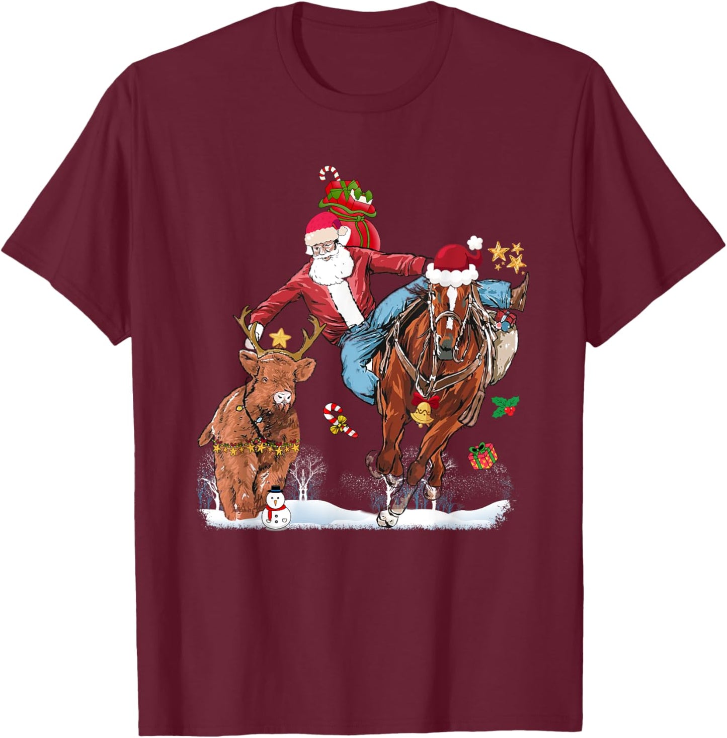 Cowboy Santa Bulldogging Western Cowboy Xmas Funny Christmas T-Shirt - T-Shirt | Maroon