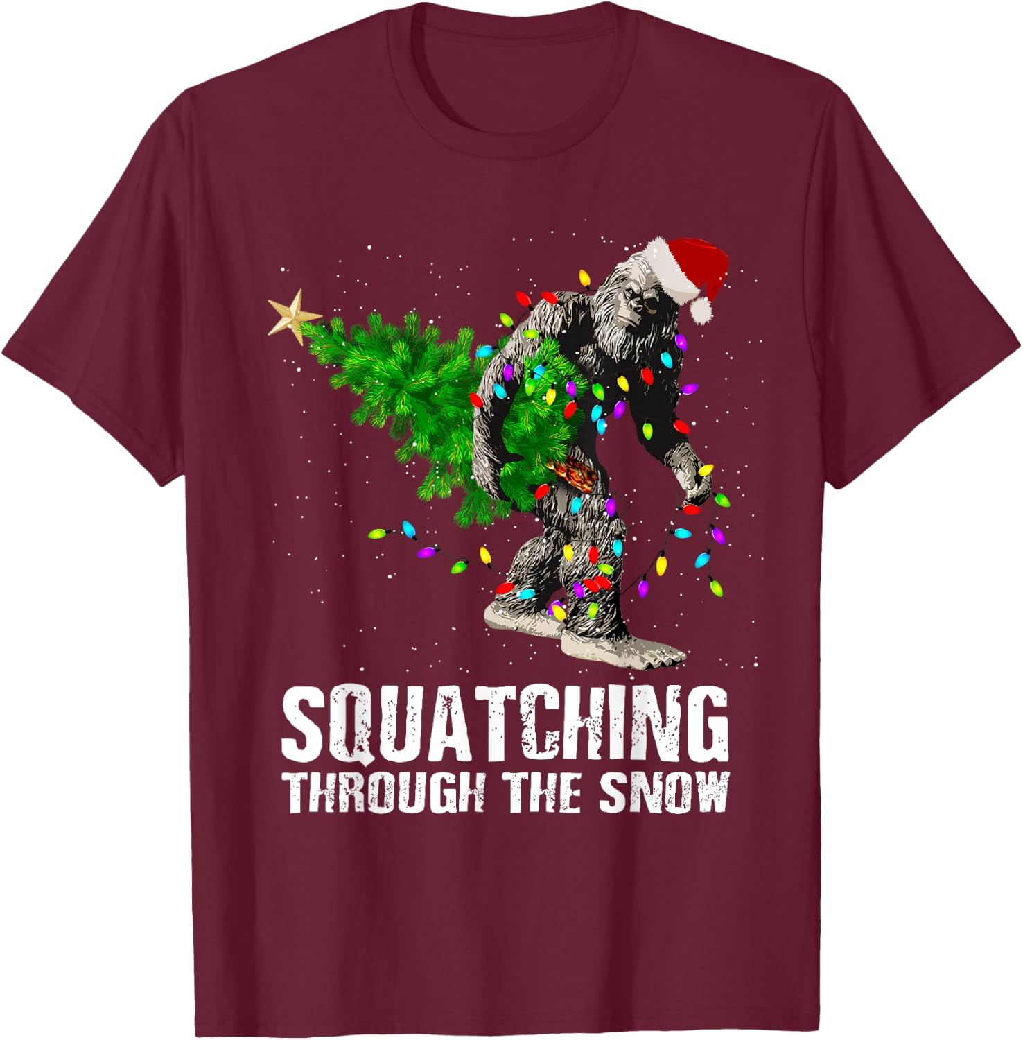 Bigfoot Squatching Through the Snow Christmas Tree T Shirt T-Shirt - T-Shirt | Maroon