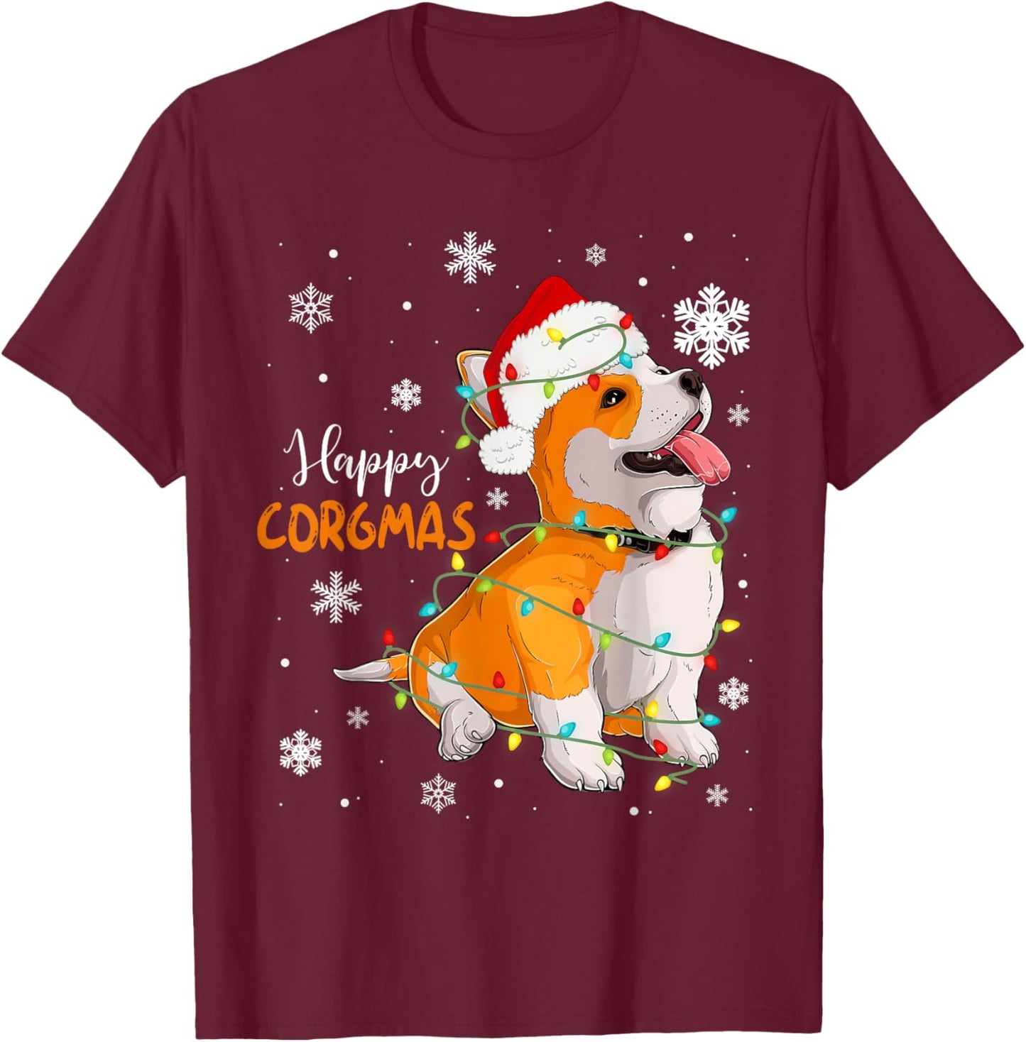 Corgi Christmas Tree Light Santa Hat Dog Gift Kid Girl Women T-Shirt - T-Shirt | Maroon