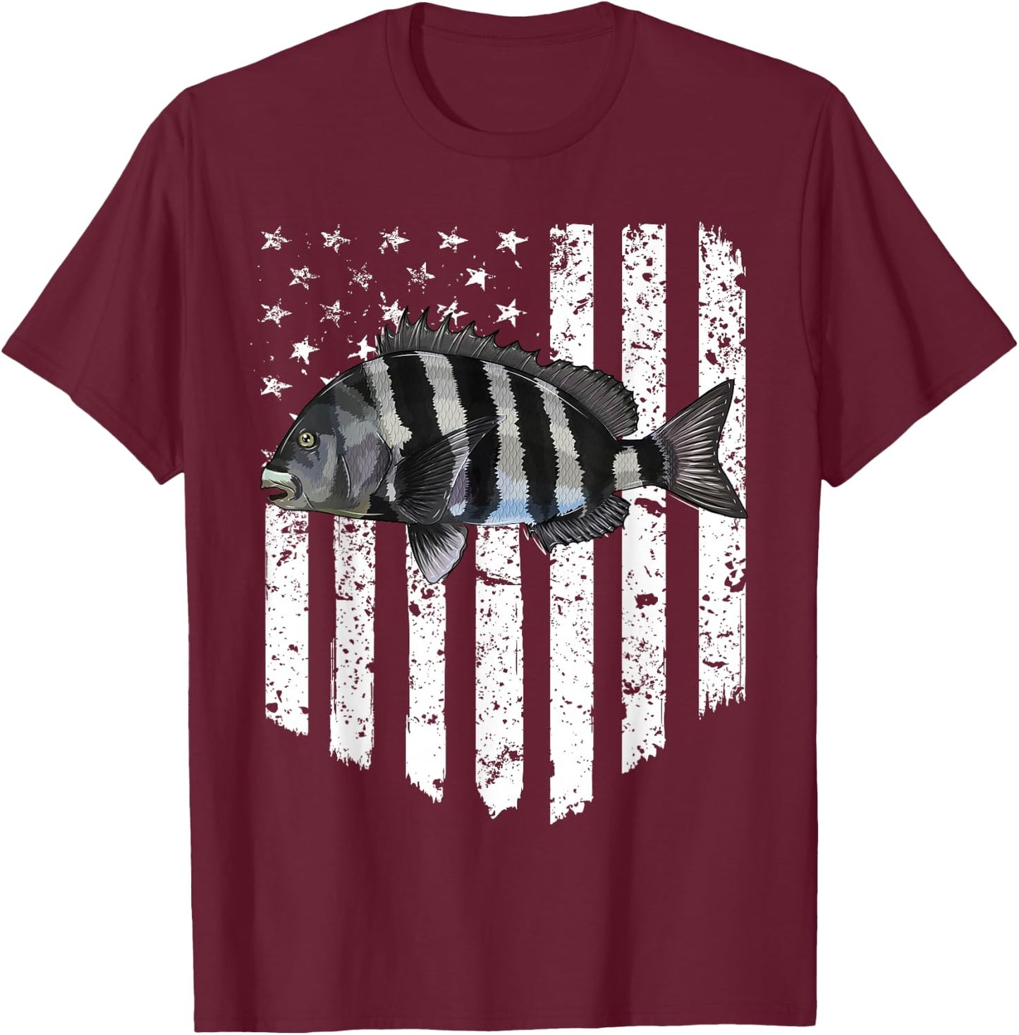 Black White American Flag Sheepshead 4th Of July Fish T-Shirt - T-Shirt | Maroon