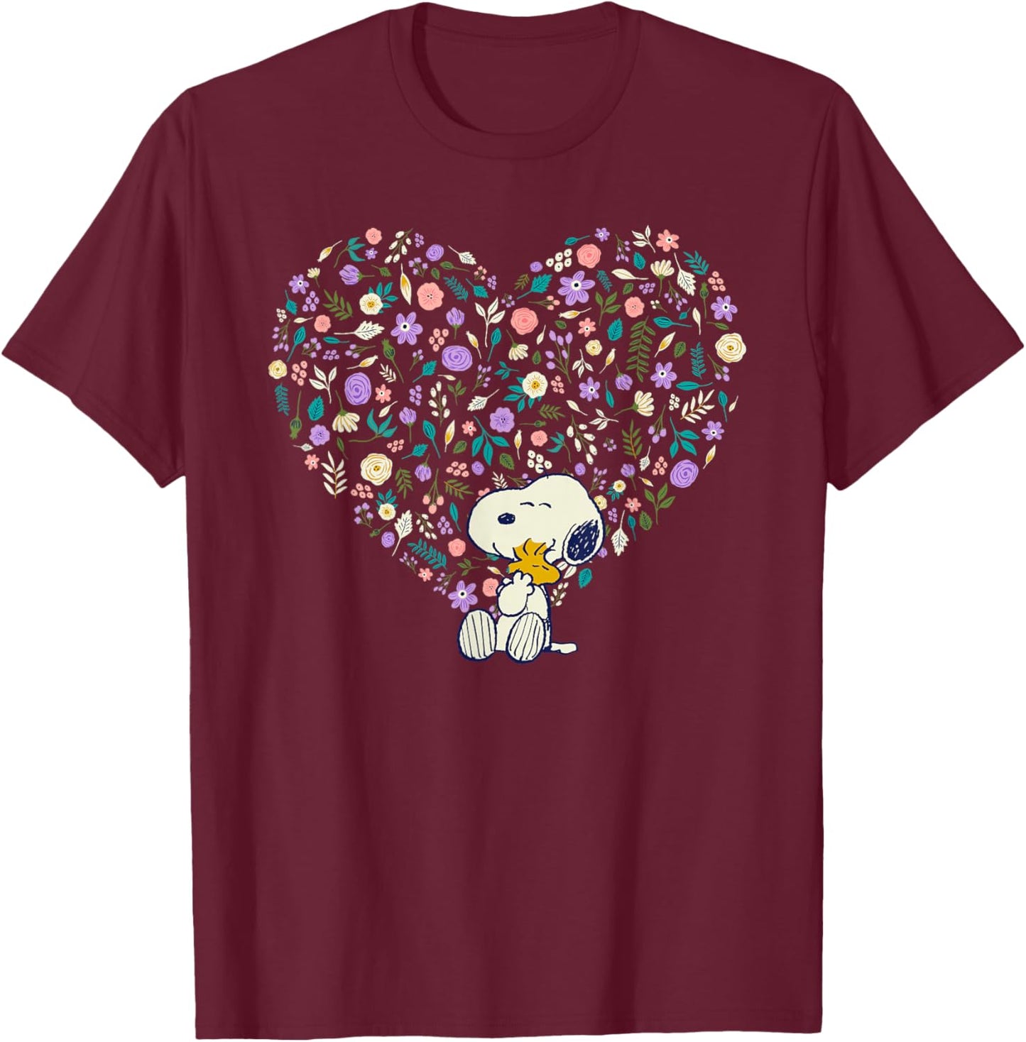 Peanuts Snoopy & Woodstock Hug Floral Heart T-Shirt - T-Shirt | Maroon