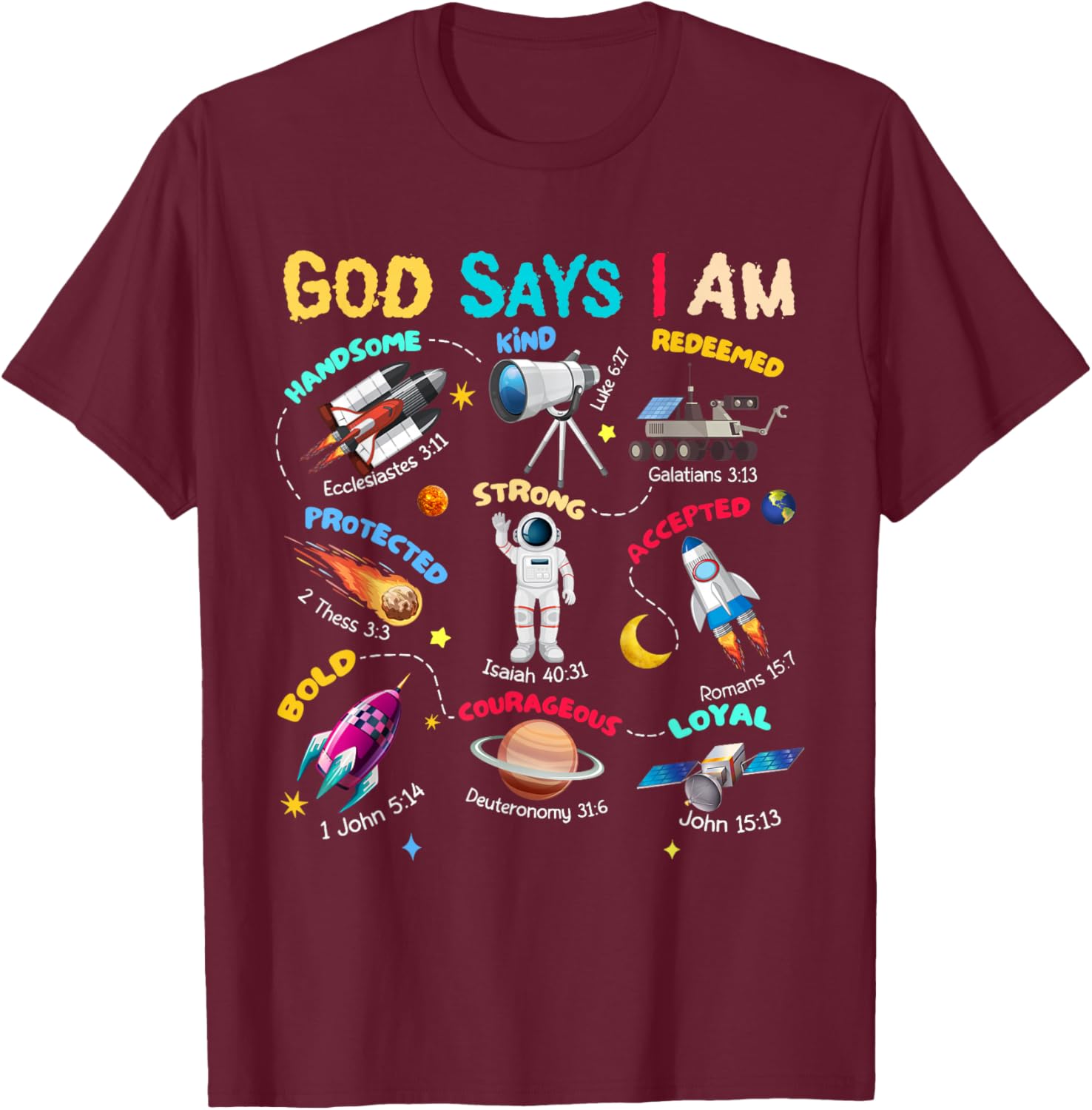 God Says I Am Planets Science Solar Star System Christ Bible T-Shirt - T-Shirt | Maroon
