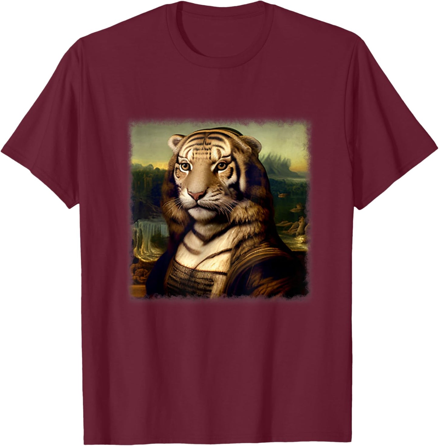 Mona Lisa with Tiger Head T-Shirt - T-Shirt | Maroon