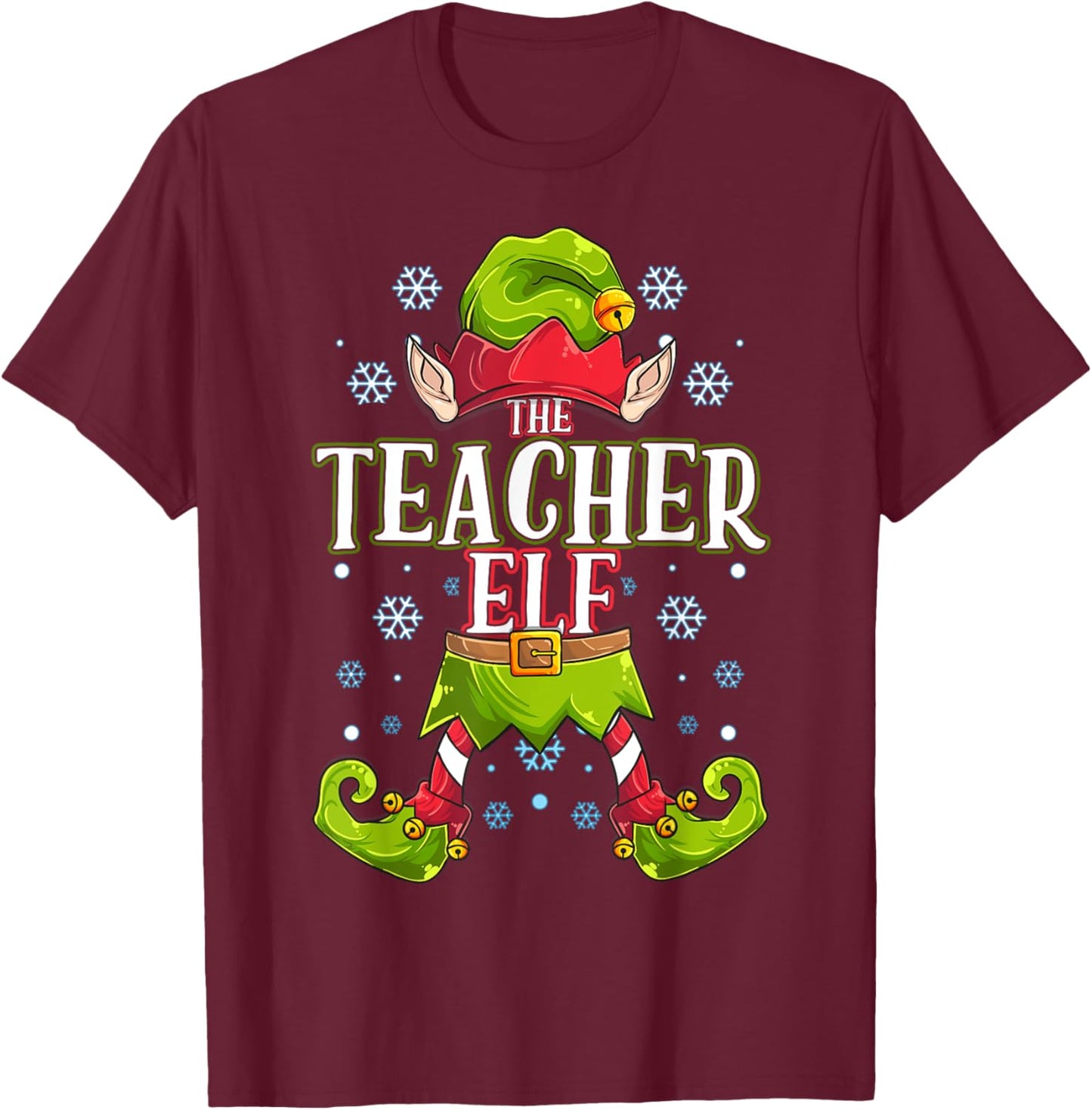 Teacher Elf Matching Family Group Christmas Party T-Shirt - T-Shirt | Maroon
