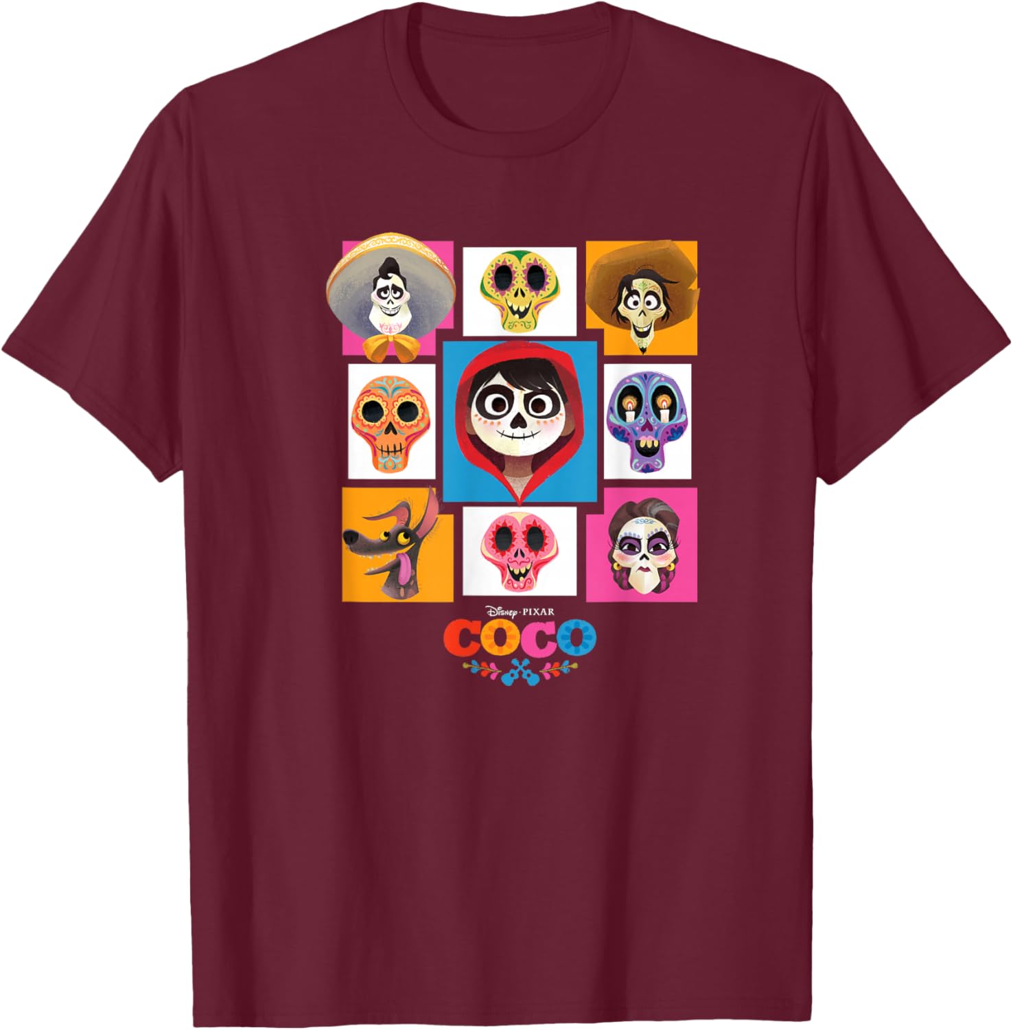 Disney Pixar Coco Main Characters Group Shot Chest Panels T-Shirt - T-Shirt | Maroon