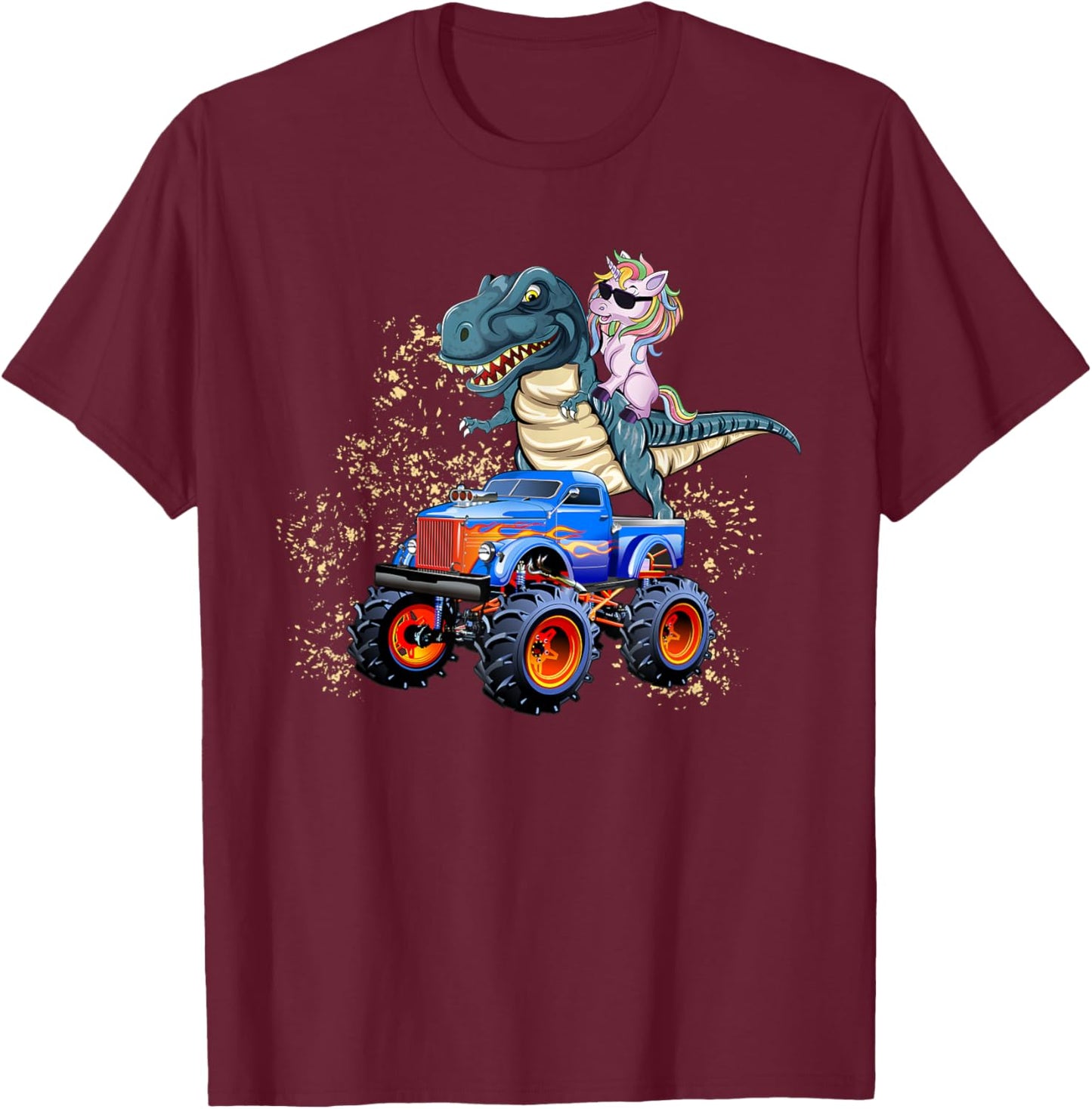 Unicorn Riding T rex Monster Truck Boys Girls Unicorn T-Shirt - T-Shirt | Maroon