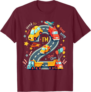 2 Year Old Birthday Boy Party Truck Car Transportation Kids T-Shirt - T-Shirt | Maroon