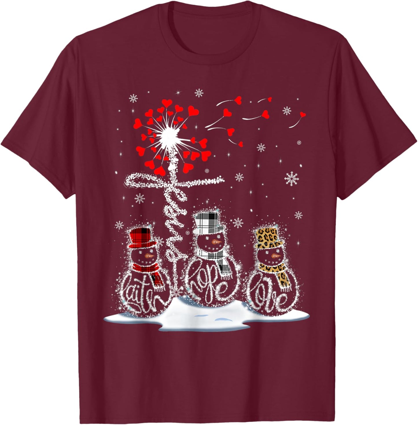 Funny Christmas 2025 Faith Hope Love Snowman Christian Cross T-Shirt - T-Shirt | Maroon