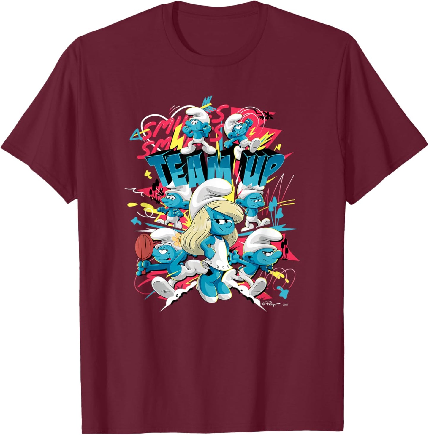 The Smurfs Movie Village Team Up Retro Cartoon T-Shirt - T-Shirt | Maroon