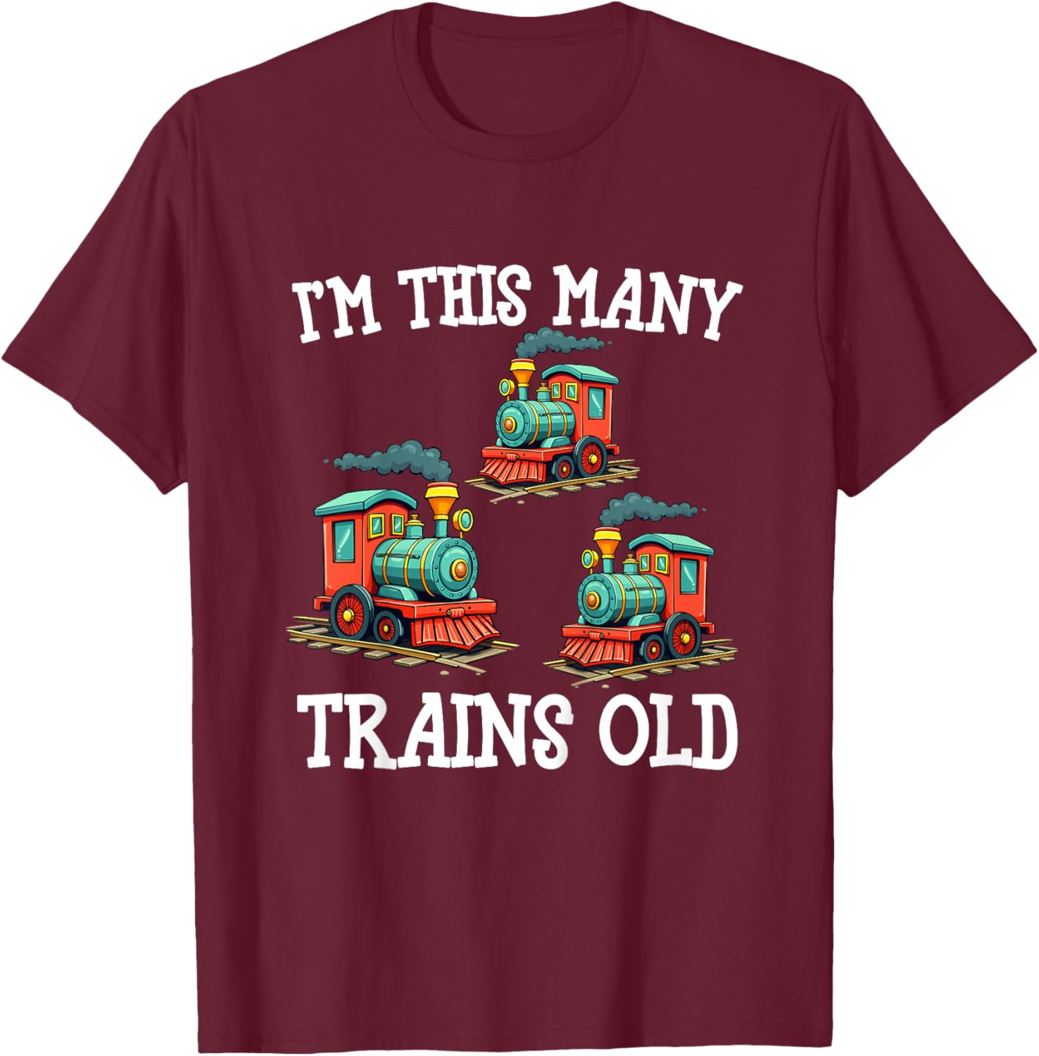 Kids 3 Year Old Boy Trains Birthday 3rd Birthday Locomotive Train T-Shirt - T-Shirt | Maroon