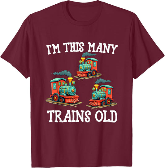 Kids 3 Year Old Boy Trains Birthday 3rd Birthday Locomotive Train T-Shirt - T-Shirt | Maroon