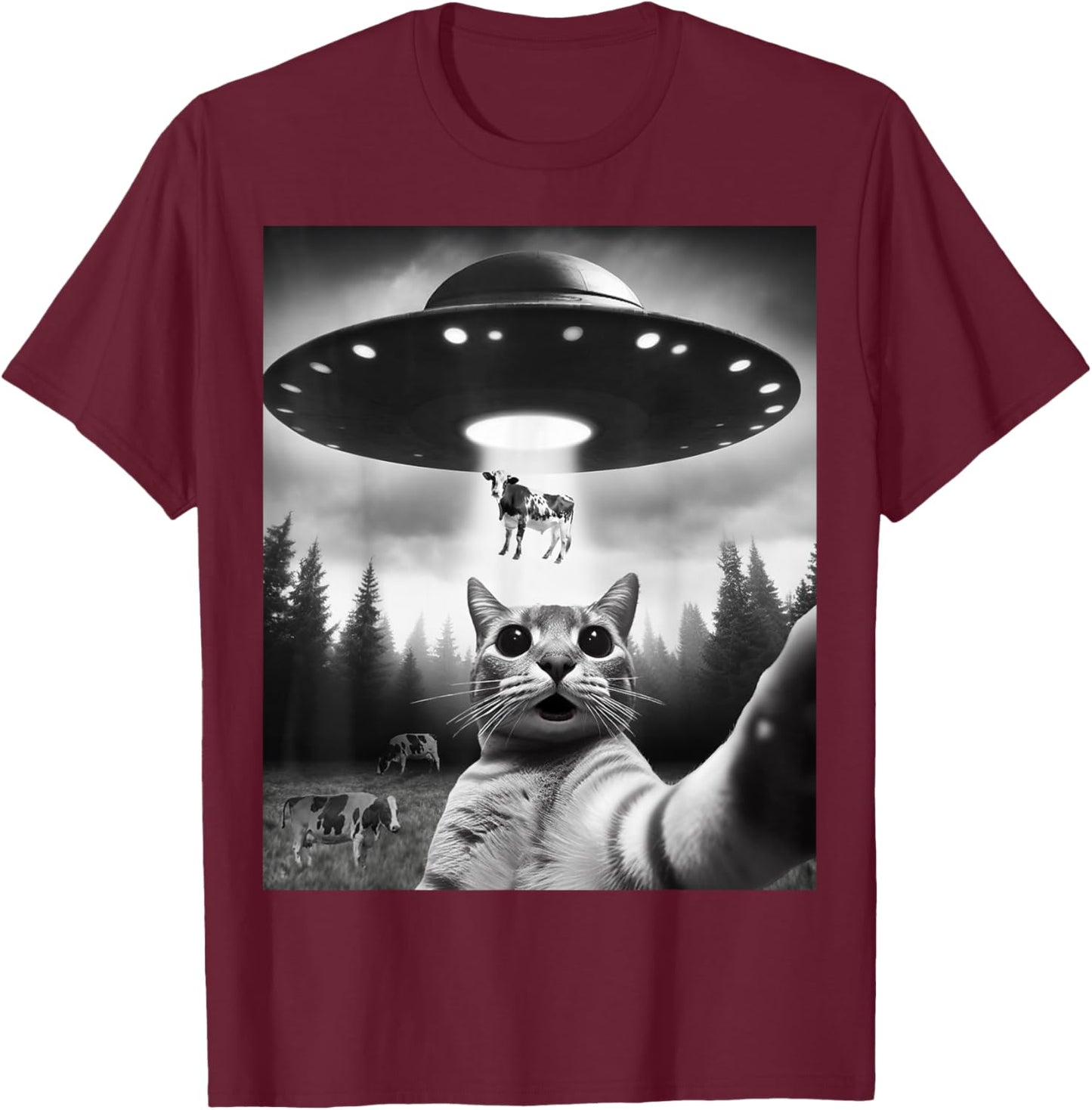 Funny Cat Selfie Flying Alien UFO Abducting Cow Cryptid Men Women Girls Kids T-Shirt - T-Shirt | Maroon