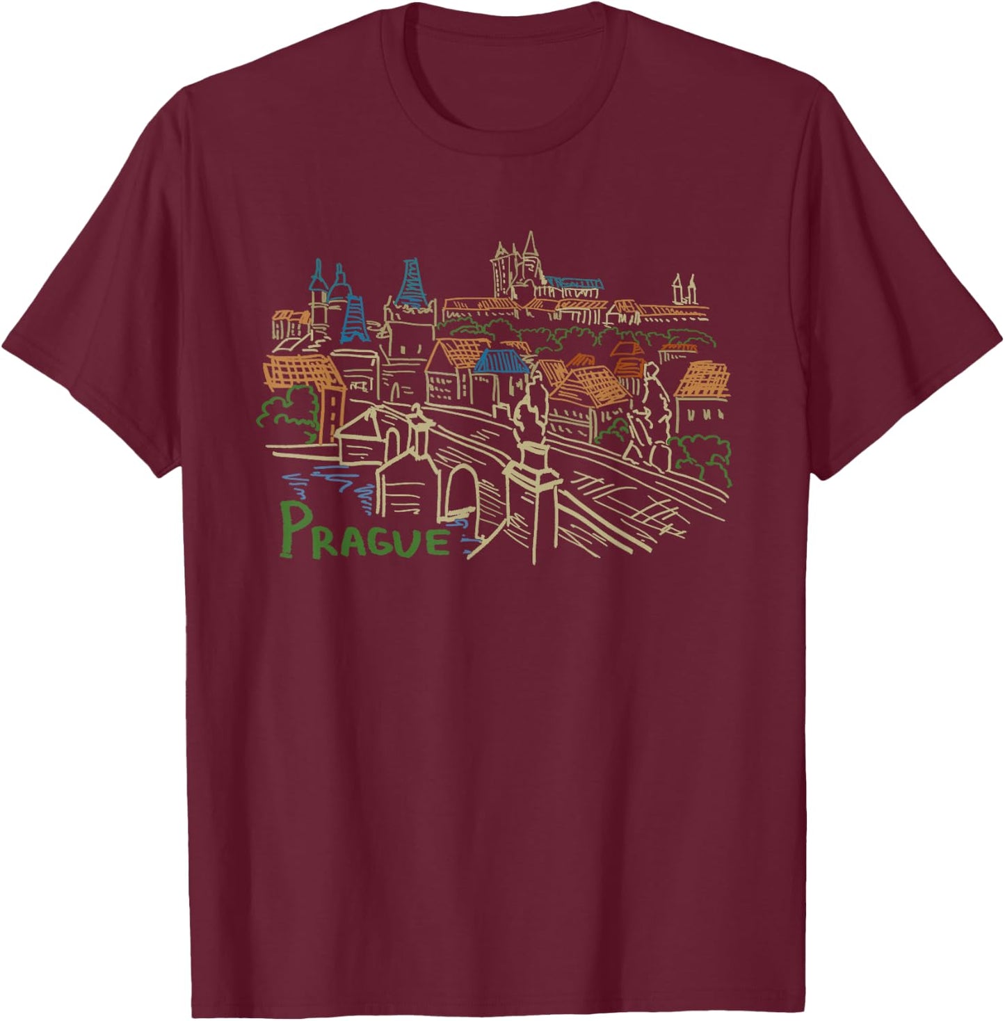 Prague City Charles Bridge T-Shirt - T-Shirt | Maroon