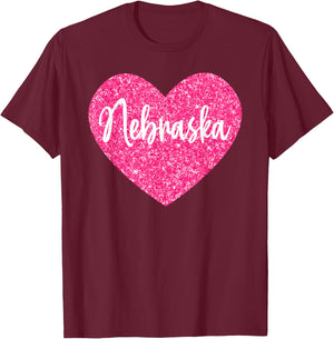 I Love Nebraska Pink Heart T-Shirt - T-Shirt | Maroon