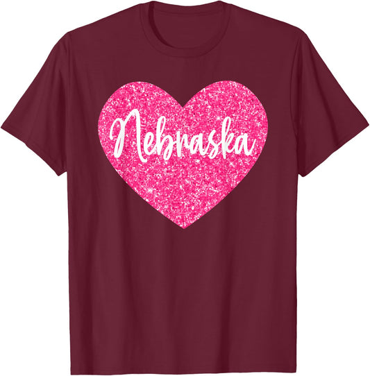 I Love Nebraska Pink Heart T-Shirt - T-Shirt | Maroon