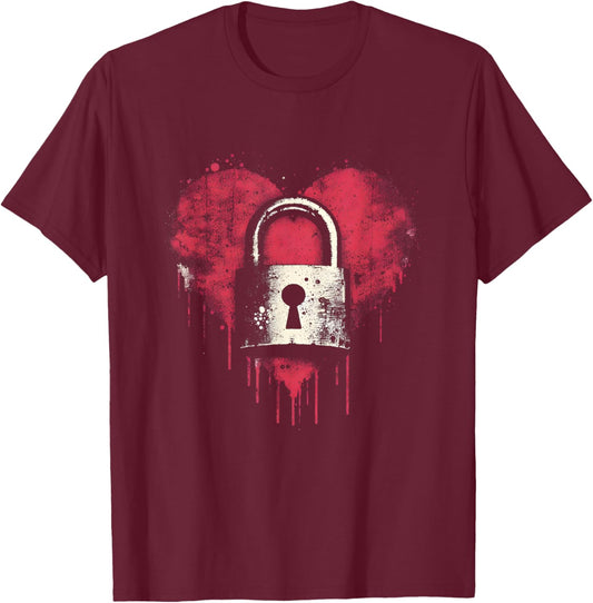 Locked Heart - Vintage Lock Heart Valentine's Day Couple T-Shirt - T-Shirt | Maroon