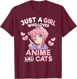 Just A Girl Who Loves Anime and Cats Cute Otaku Manga T-Shirt - T-Shirt | Maroon