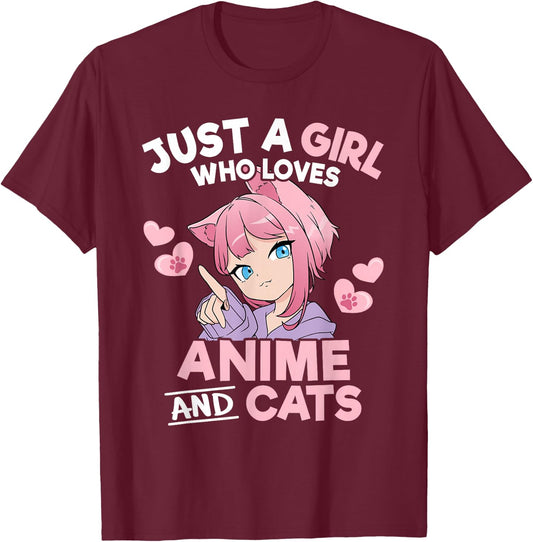 Just A Girl Who Loves Anime and Cats Cute Otaku Manga T-Shirt - T-Shirt | Maroon