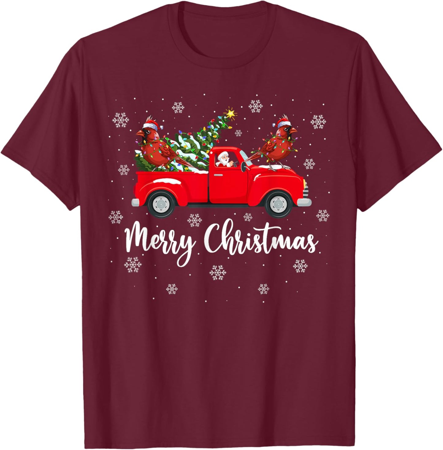Santa Riding Red Truck Northern Cardinal Bird Christmas T-Shirt - T-Shirt | Maroon