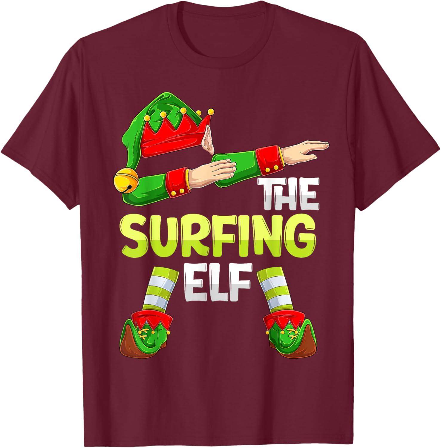 Dabbing Elf Christmas Surfer Surf The Surfing Elf T-Shirt - T-Shirt | Maroon