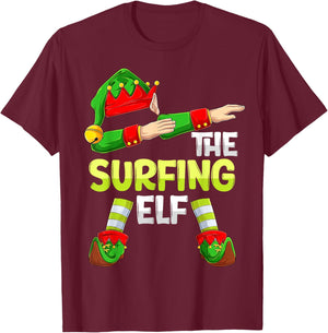 Dabbing Elf Christmas Surfer Surf The Surfing Elf T-Shirt - T-Shirt | Maroon