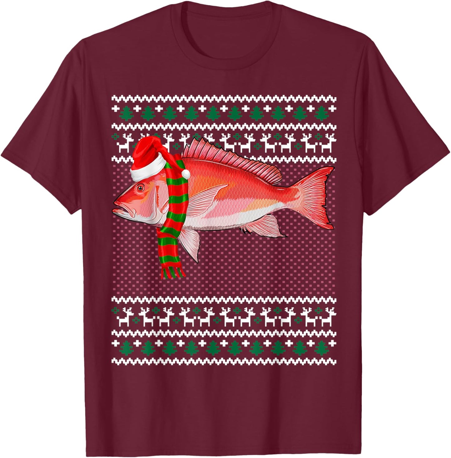 Funny Xmas Santa Hat Red Snapper Ugly Christmas T-Shirt - T-Shirt | Maroon
