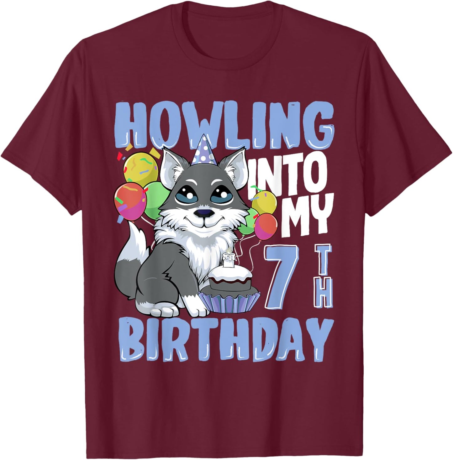 Wolf for 7 Year Old Birthday for 7th Birthday Wolf Kids Boys T-Shirt - T-Shirt | Maroon