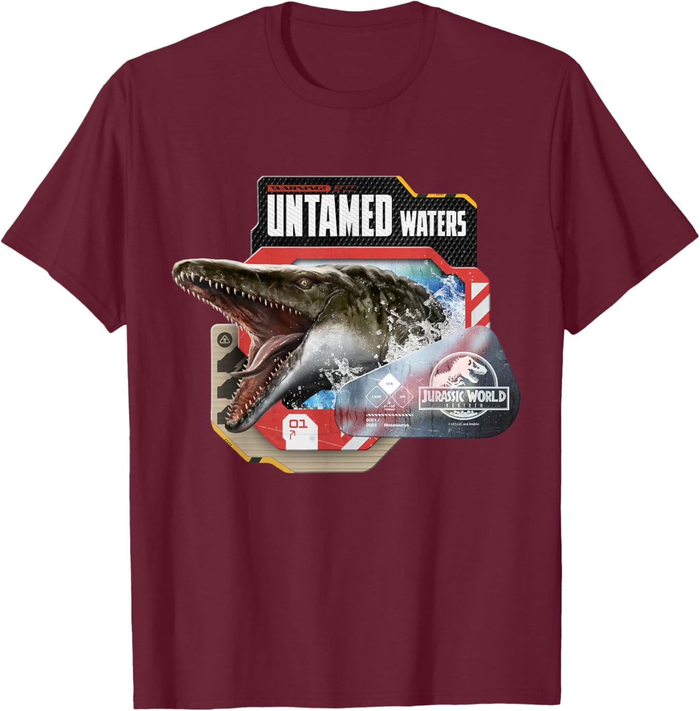 Jurassic World Rebirth Warning Untamed Waters Mosasaurus T-Shirt - T-Shirt | Maroon