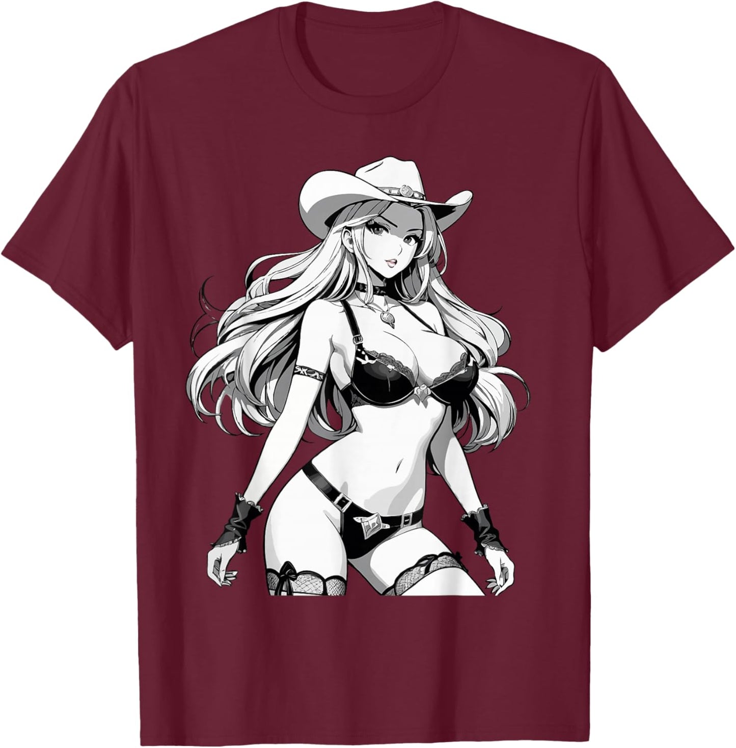 Sexy Waifu Anime Cowgirl Japanese in Black and White Art T-Shirt - T-Shirt | Maroon
