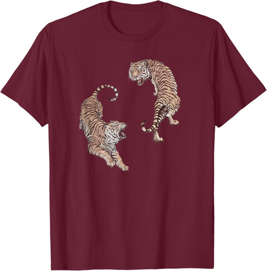 Vintage Tiger Graphic, Chinese Tiger Aesthetic, Yin and Yang T-Shirt - T-Shirt | Maroon