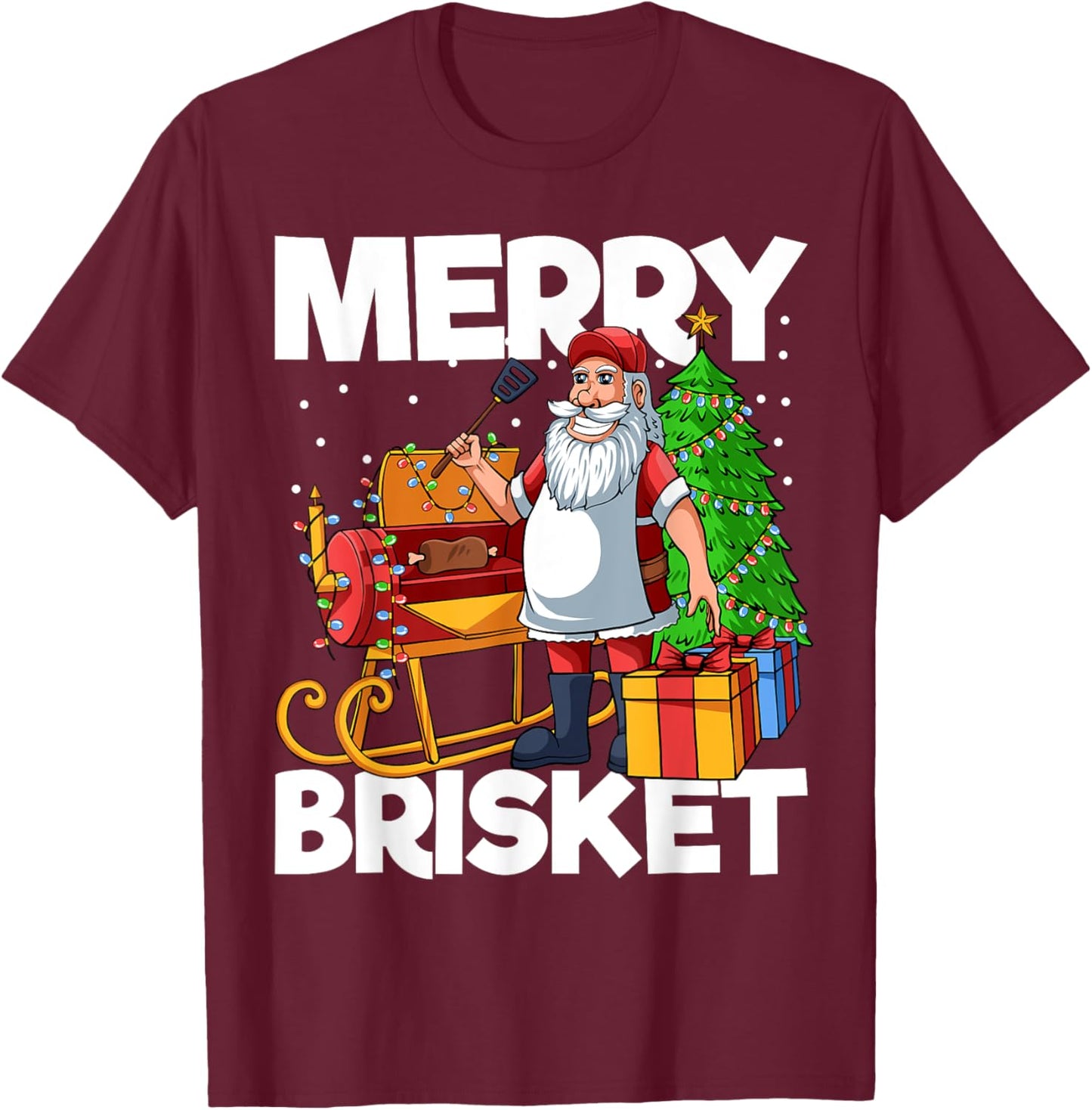 Merry Brisket Christmas in July Santa BBQ Smoker Smoking T-Shirt - T-Shirt | Maroon