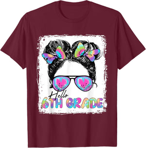 Hello 6th Grade Messy Hair Bun Girl Back To School First Day T-Shirt - T-Shirt | Maroon