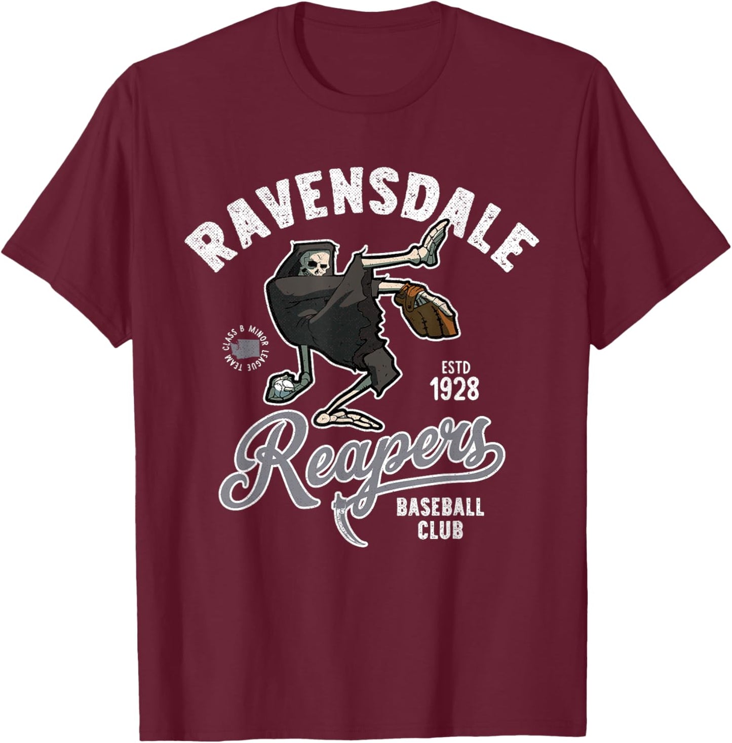 Ravensdale Grim Reapers Retro Minor League Baseball Team T-Shirt - T-Shirt | Maroon