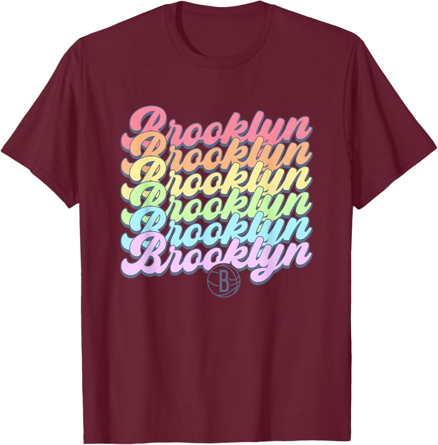 NBA Brooklyn Nets Pastel Rainbow Pride Stack T-Shirt - T-Shirt | Maroon